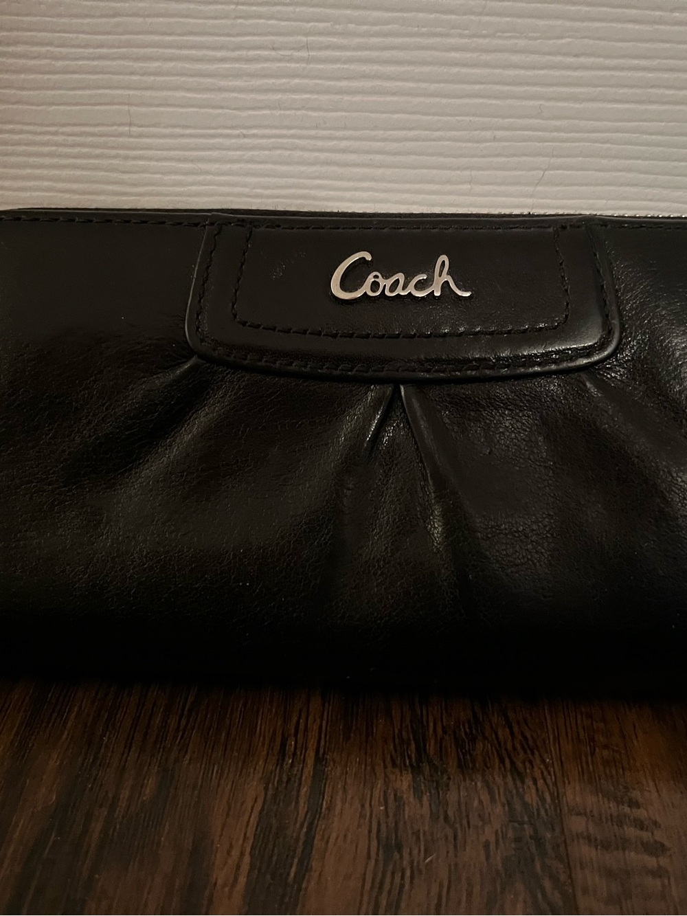 Coach Black Leather Pleated Clutch with Silver Logo